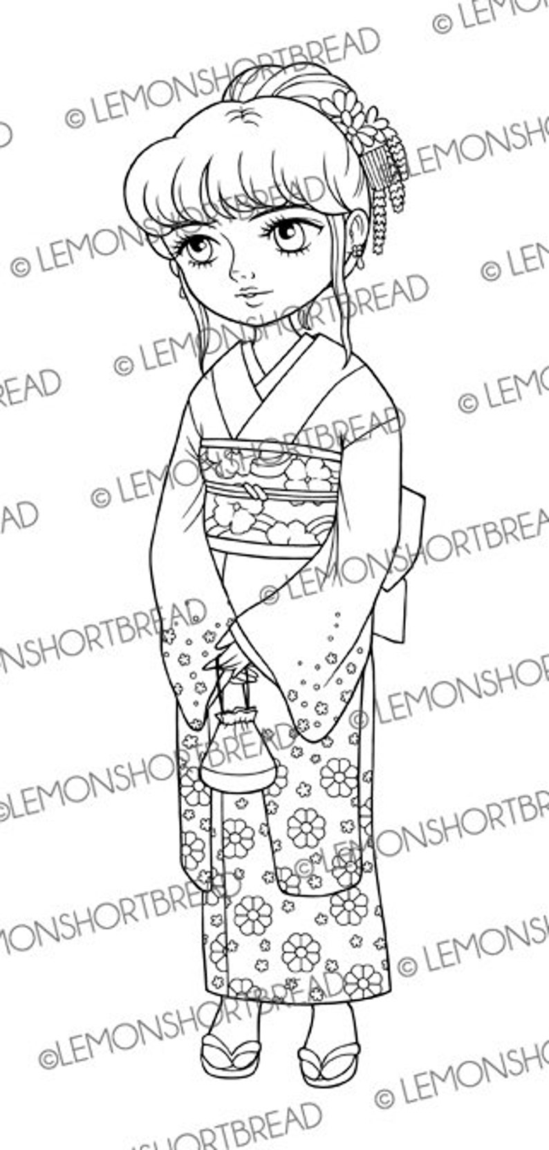 Digital Stamp Kimono Girl, Digi Japanese Cherry Blossom, Printable Coloring Page, Anime Spring Flowers image 2