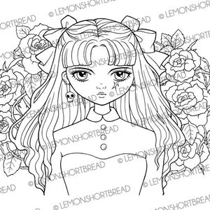 May include: A black and white line drawing of a girl with long hair and a bow. She is wearing a collared dress and has a skull charm on her earring. The background is filled with roses.
