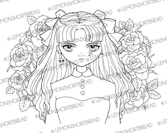 Digital Stamp Pirate Girl Roses, Digi Printable Colouring Page, Flower Floral, Halloween Gothic Goth, Anime Clip Art