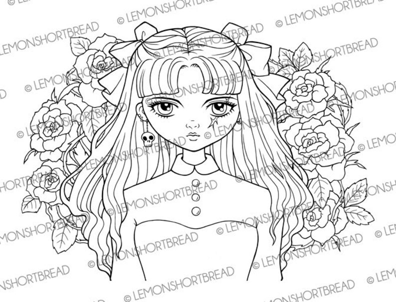 May include: A black and white line drawing of a girl with long hair and a bow. She is wearing a collared dress and has a skull charm on her earring. The background is filled with roses.