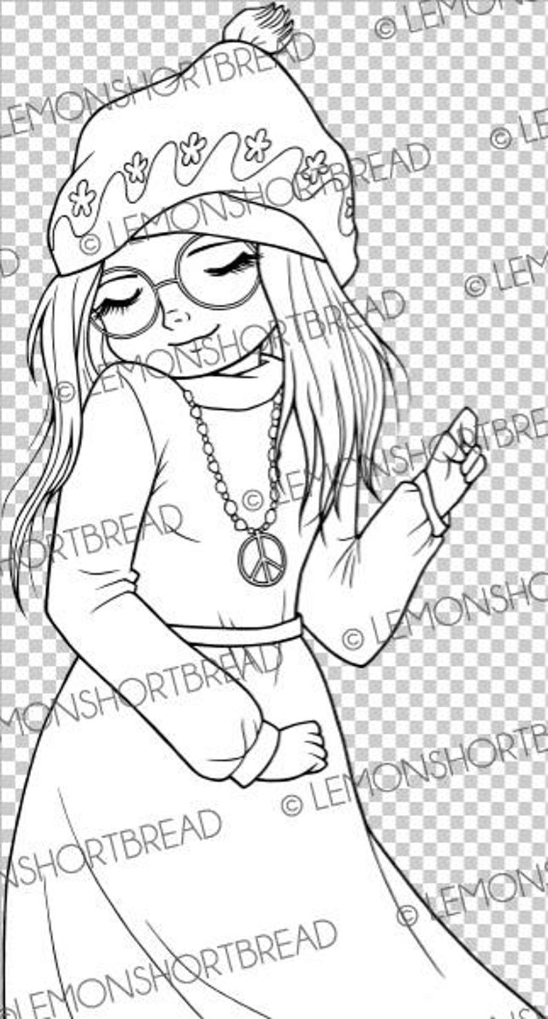 May include: A black and white line drawing of a girl wearing a hat with a peace sign pendant. She is wearing a long-sleeved shirt and a long skirt.