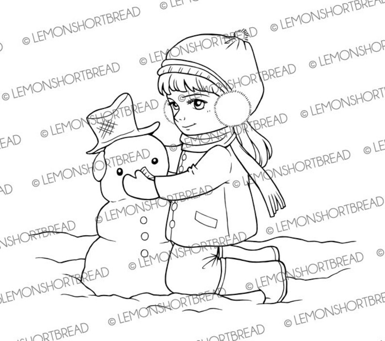May include: A black and white line drawing of a child wearing a winter hat and scarf building a snowman. The child is holding a carrot in their hand to add to the snowman's face.