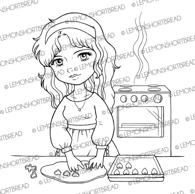 May include: A black and white line drawing of a person baking heart-shaped cookies. The person is wearing a dress and a headband. They are using cookie cutters to cut out the shapes from dough. There is a baking sheet with heart-shaped cookies on it and an oven in the background.