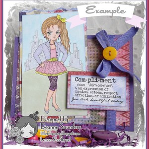 May include: A purple and pink card with a cartoon girl wearing a pink skirt, a blue jacket, and purple leggings. The card has a definition of the word "compliment" and the text "You look beautiful today."