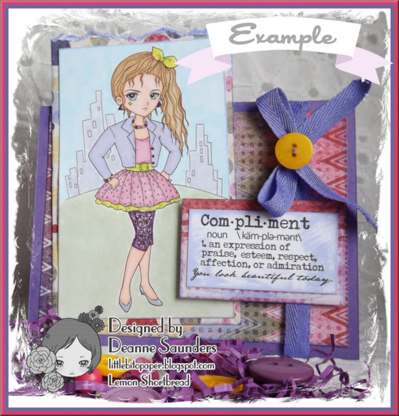 May include: A purple and pink card with a cartoon girl wearing a pink skirt, a blue jacket, and purple leggings. The card has a definition of the word "compliment" and the text "You look beautiful today."