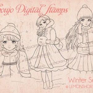 Digital Stamps Winter Girls Set, Digi Printable Coloring Page, Christmas Holiday, Anime Shoujo, Download