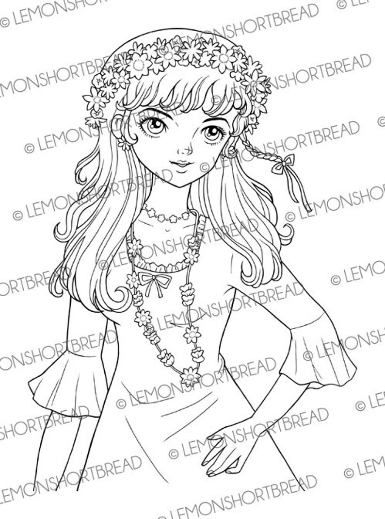 Digital Stamp Flower Power Girl, Digi Coloring Page Download, Summer Spring, 60s Hippie Retro Style, Scrapbooking image 1