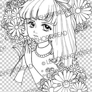 May include: A black and white line drawing of a girl with long hair wearing a dress and holding a bouquet of flowers. The girl is surrounded by flowers.