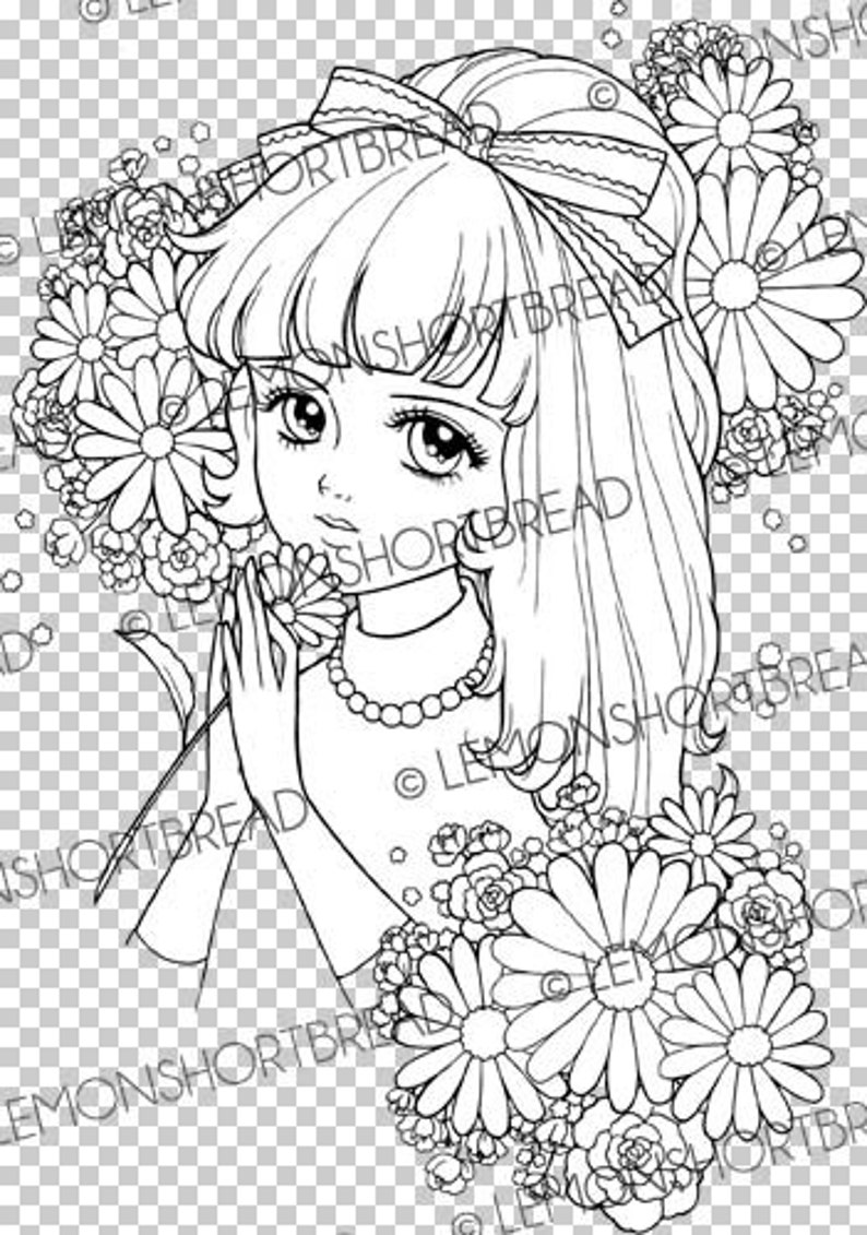 May include: A black and white line drawing of a girl with long hair wearing a dress and holding a bouquet of flowers. The girl is surrounded by flowers.