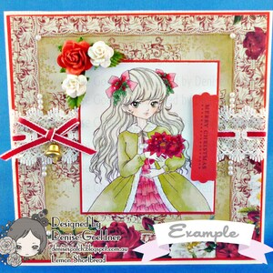 May include: A Christmas card featuring a girl with long blonde hair holding a bouquet of red poinsettias. The card is decorated with red and white flowers, lace, and a red ribbon with a bell. The text "Merry Christmas" is written on a red tag.