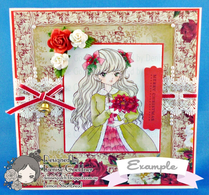 Digital Stamp Christmas Poinsettia Girl, Digi Printable Coloring Page, Winter Shoujo, Anime Art Download image 4