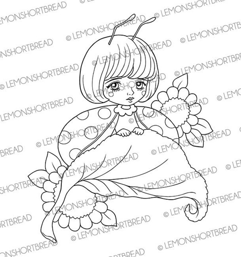 Digital Stamp Ladybug Ladybird Girl, Digi Coloring Page, Fantasy Garden Summer Flowers, Instant Download image 2