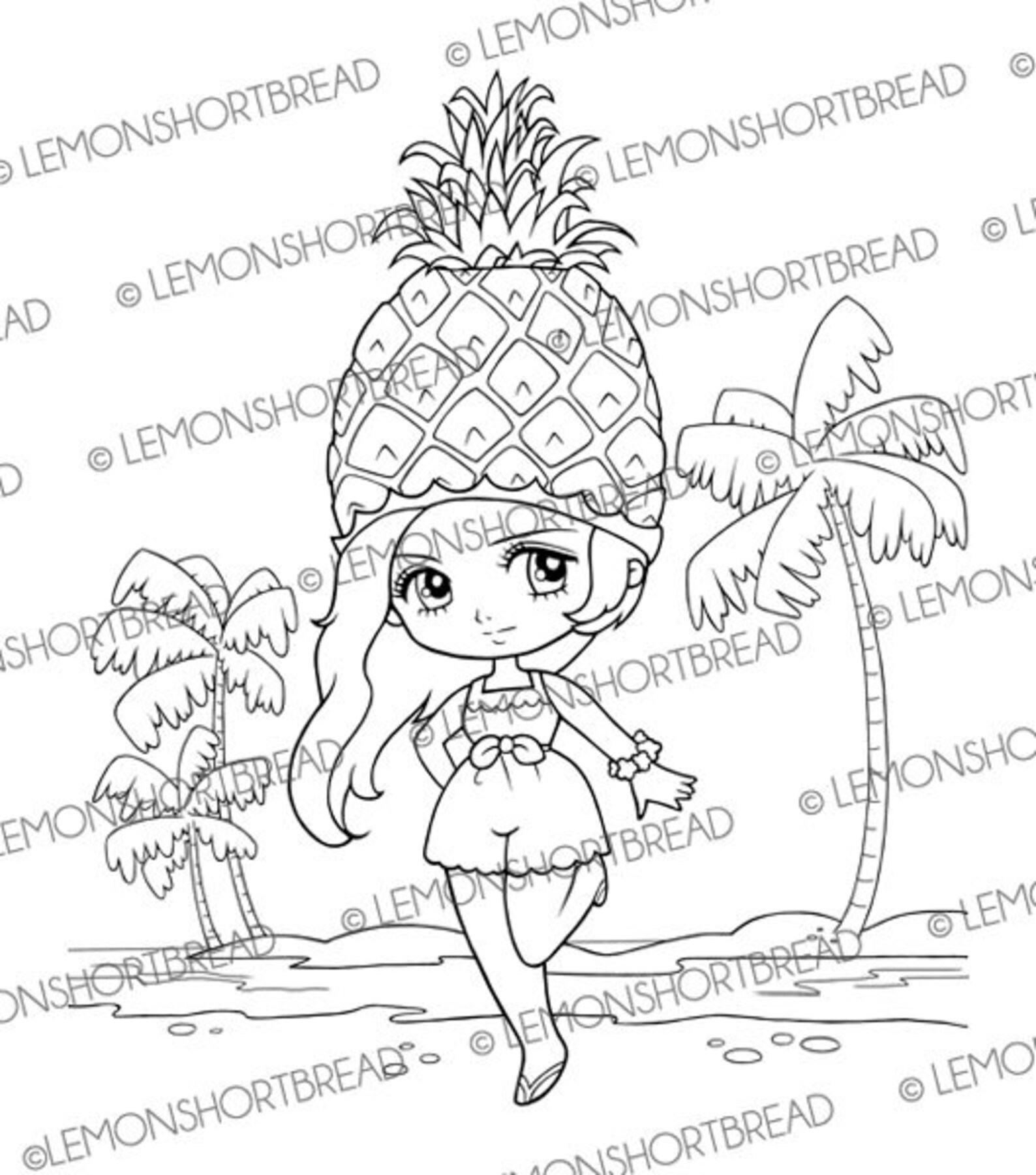 Digital Stamp Pineapple Hat Kid Digi Coloring Page Girl Etsy