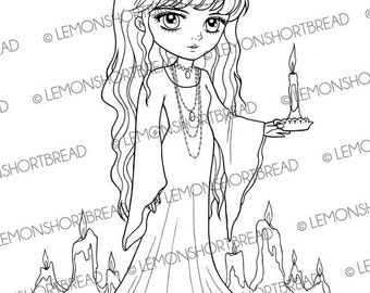 Digital Stamp Candlelight Girl Halloween, Digi Coloring Page, Candle Light, Fantasy Anime, Goth Night, Download