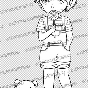 May include: A black and white line drawing of a girl with pigtails holding a lollipop and a small dog sitting in the grass.