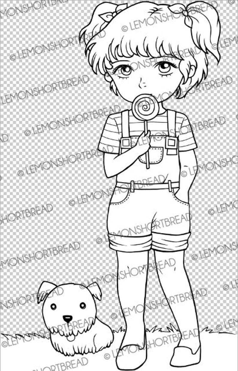 Digital Stamp Lollipop Girl with Dog, Digi Download, Children Kids Coloring Page, Puppy Pet Summer image 2