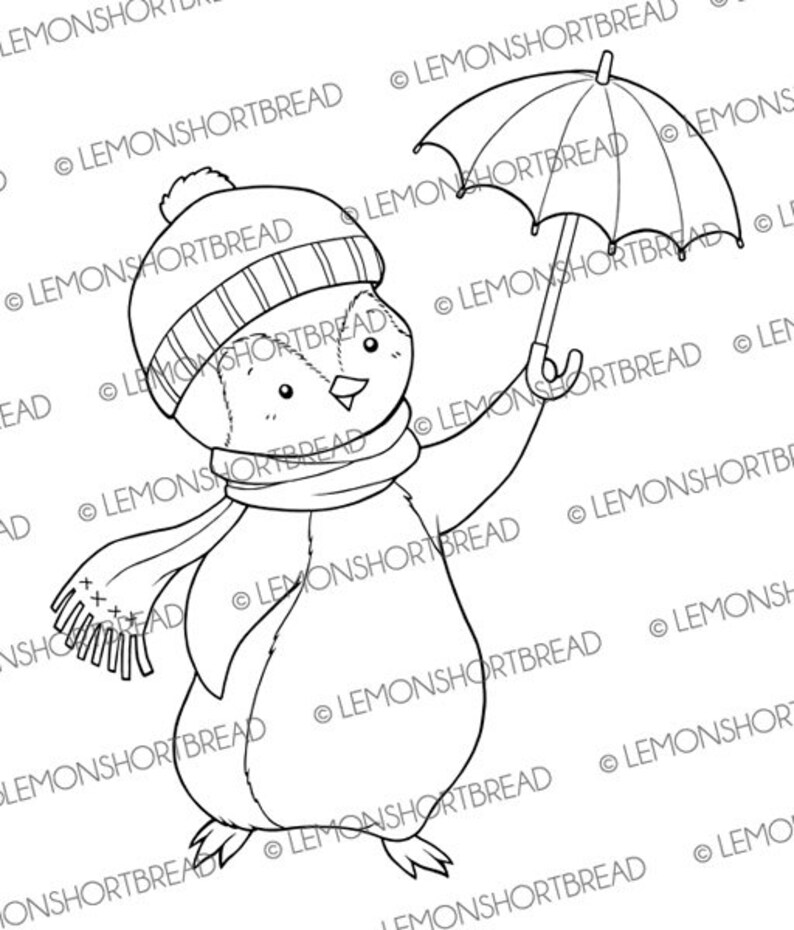 Digital Stamp Penguin Umbrella, Digi Download, Winter Holiday Merry Christmas, Animal Clip Art Image, Coloring Page, Scrapbooking image 2