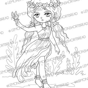 May include: A black and white line drawing of a young woman with long flowing hair wearing a flower crown and a flowing dress. She is holding a butterfly in her hand and standing in a field of flowers.