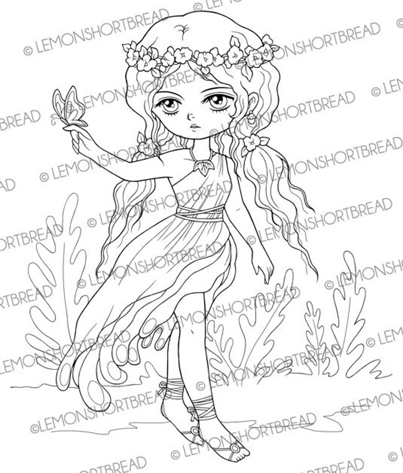 May include: A black and white line drawing of a young woman with long flowing hair wearing a flower crown and a flowing dress. She is holding a butterfly in her hand and standing in a field of flowers.