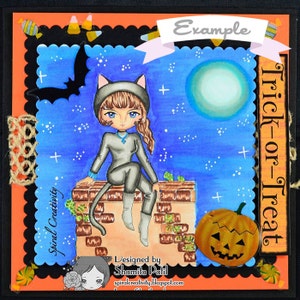 Digital Stamp Cat Burglar Girl, Catwoman Digi Coloring Page, Halloween Anime Art, Download image 4