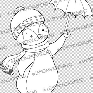 Digital Stamp Penguin Umbrella, Digi Download, Winter Holiday Merry Christmas, Animal Clip Art Image, Coloring Page, Scrapbooking image 3