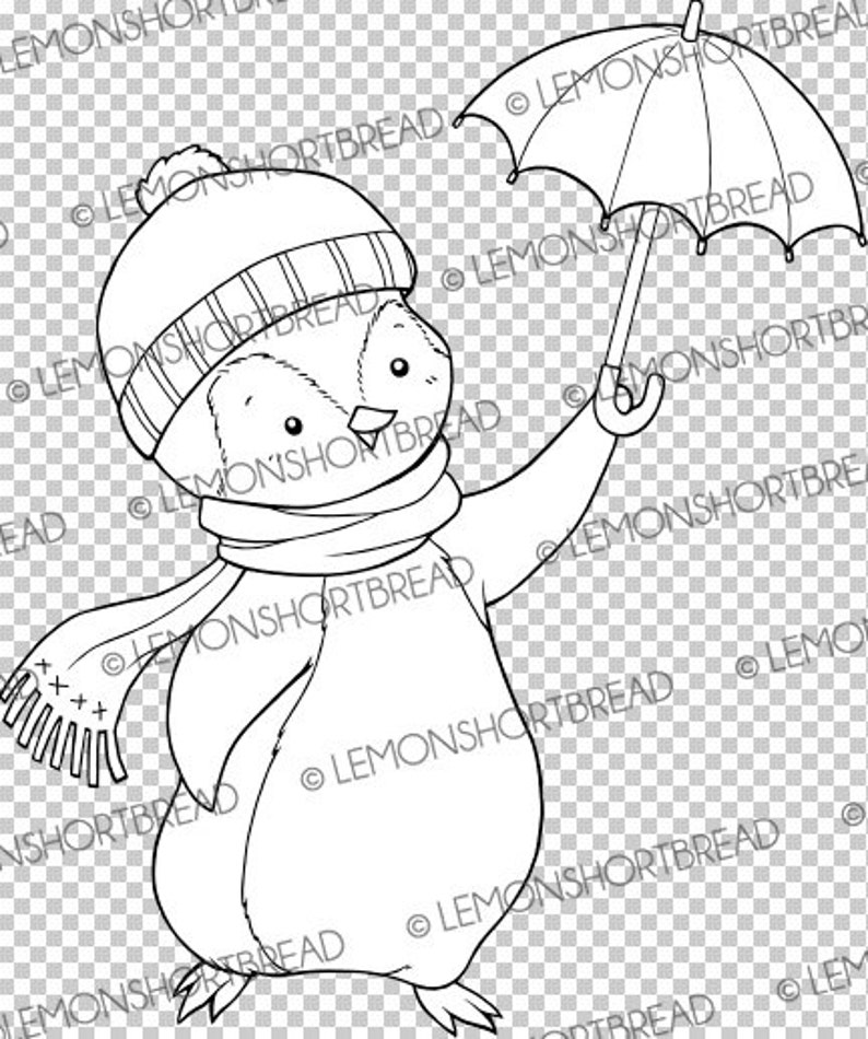 Digital Stamp Penguin Umbrella, Digi Download, Winter Holiday Merry Christmas, Animal Clip Art Image, Coloring Page, Scrapbooking image 3