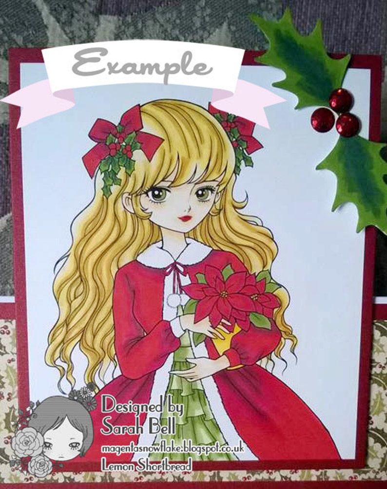 May include: A Christmas card featuring a cartoon illustration of a girl with long blonde hair wearing a red dress and holding a poinsettia. The card has a white background with a red border and the text "Example" at the top. The text "Designed by Sarah Bell" and a website address are at the bottom.