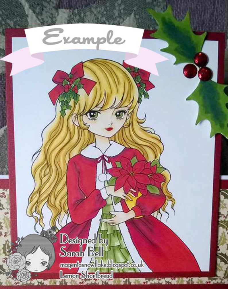 Digital Stamp Christmas Poinsettia Girl, Digi Printable Coloring Page, Winter Shoujo, Anime Art Download image 5