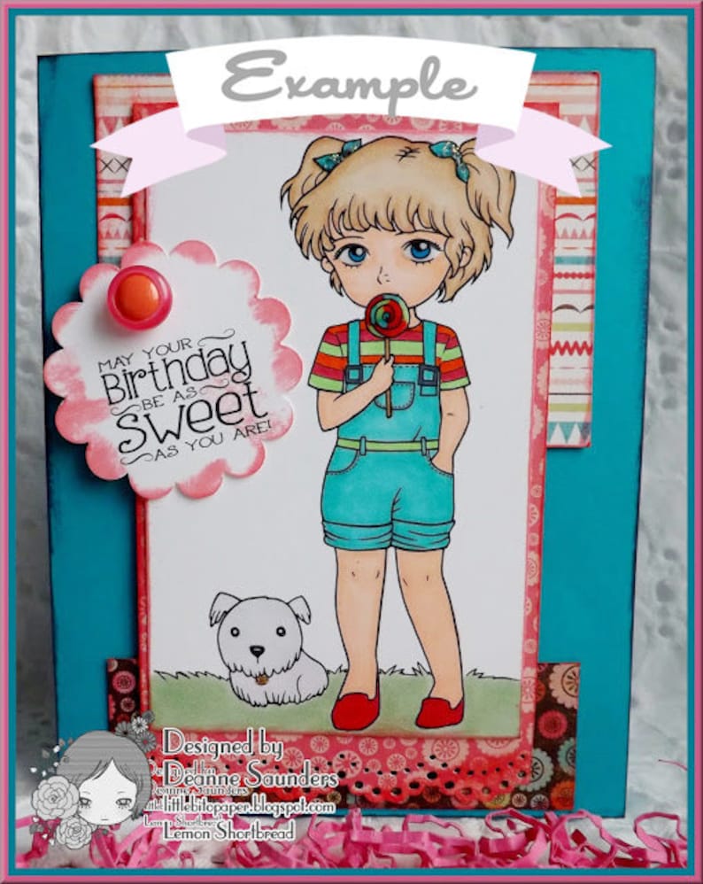 May include: A birthday card featuring a girl with blonde hair and blue eyes holding a lollipop. The card has a pink and white background with a scalloped border and the text "May your birthday be as sweet as you are!" The card is designed by Deanne Saunders.