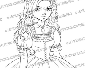 Digital Stamp Belle Girl, Digi Coloring Page, Victorian Edwardian, Anime Art, Printable Download