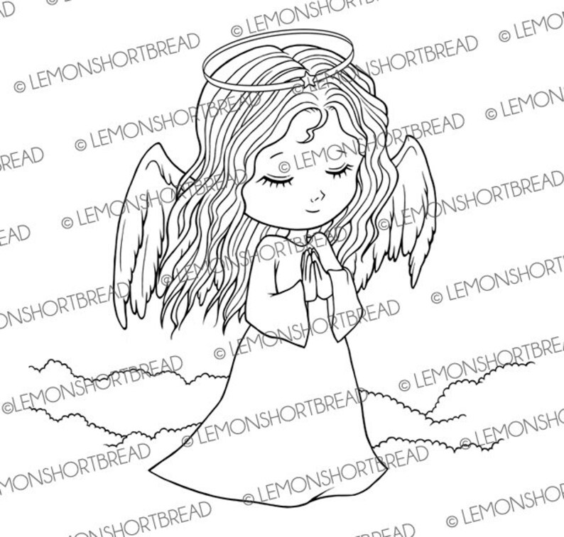 May include: A black and white line drawing of an angel with wings, halo, and long hair. The angel is praying with hands clasped together. The angel is standing on a cloud.