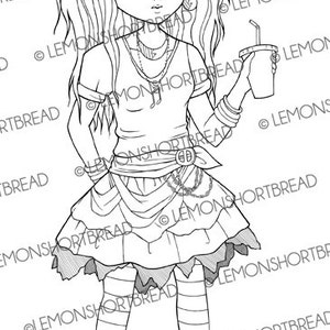 May include: A black and white line drawing of a girl with long hair wearing a striped shirt, a skirt, and sneakers. She is holding a cup with a straw.