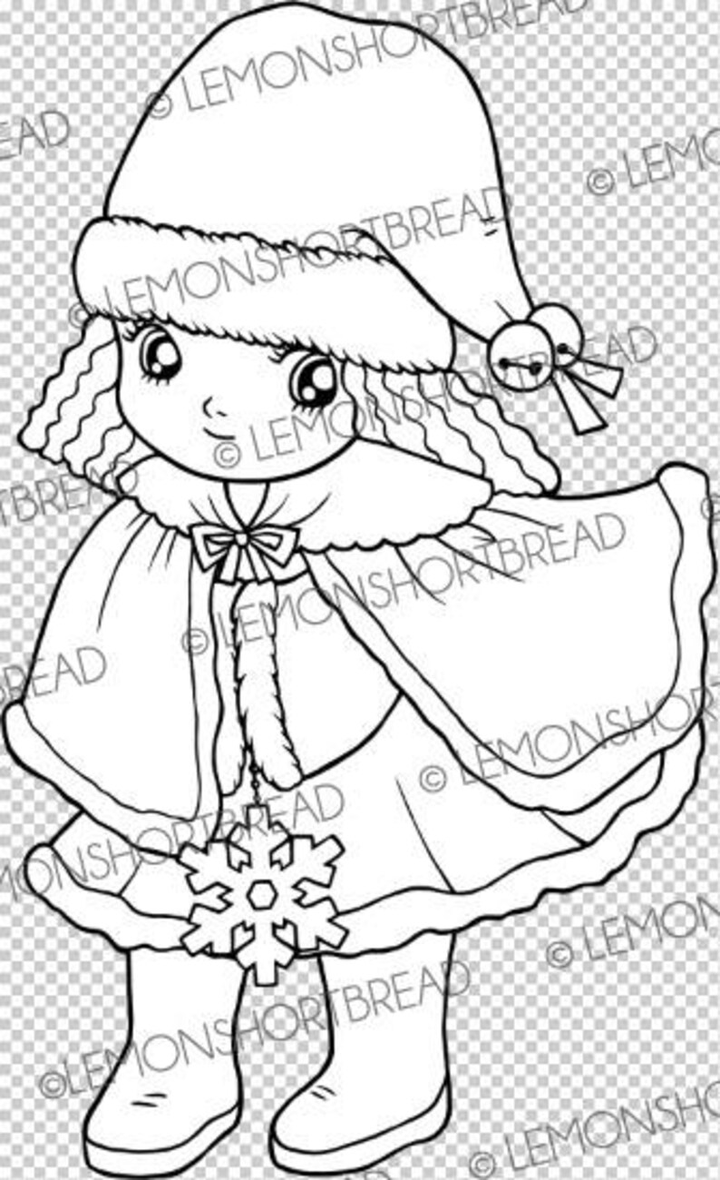 Digital Stamp Winter Wonderland Girl, Digi Download, Snowflake, Christmas Card Making Crafts, Children Kid's image 2