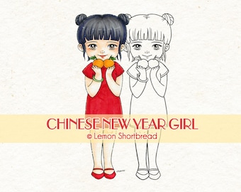 Digital Stamp Chinese New Year Girl, Digi Download, Coloring Page, Cute Anime Asian, Cardmaking