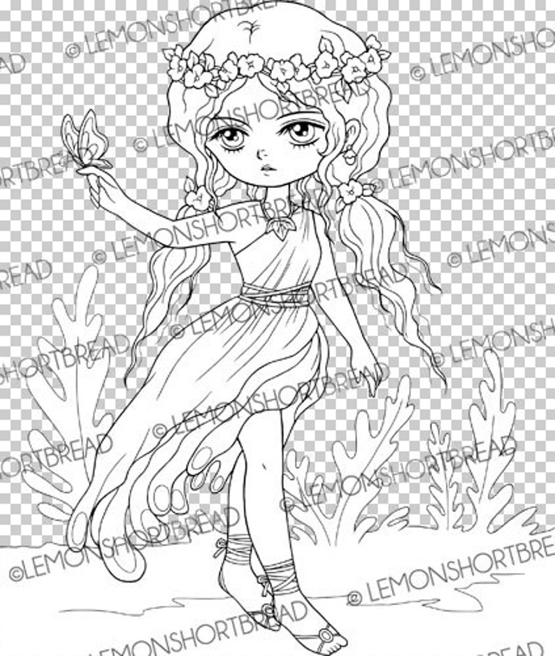 May include: A black and white line drawing of a young girl with long hair wearing a flower crown and a flowing dress. She is holding a butterfly in her hand and standing in a field of flowers.