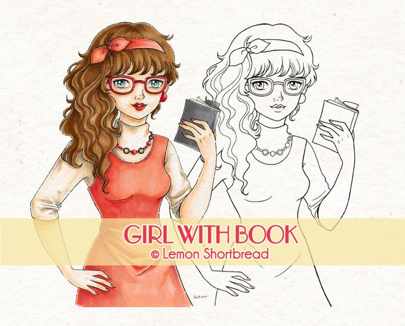 Op de afbeelding: Een lijntekening en een gekleurde illustratie van een meisje met bruin haar dat een rode bril, een rood hoofdband, een rode jurk en een ketting draagt en een boek vasthoudt. De tekst "GIRL WITH BOOK" en "Lemon Shortbread" staat onder de afbeelding.