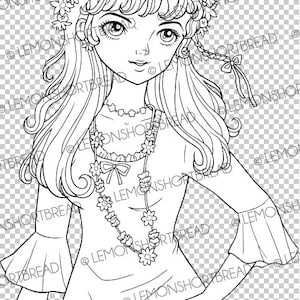 Digital Stamp Flower Power Girl, Digi Coloring Page Download, Summer Spring, 60s Hippie Retro Style, Scrapbooking image 2