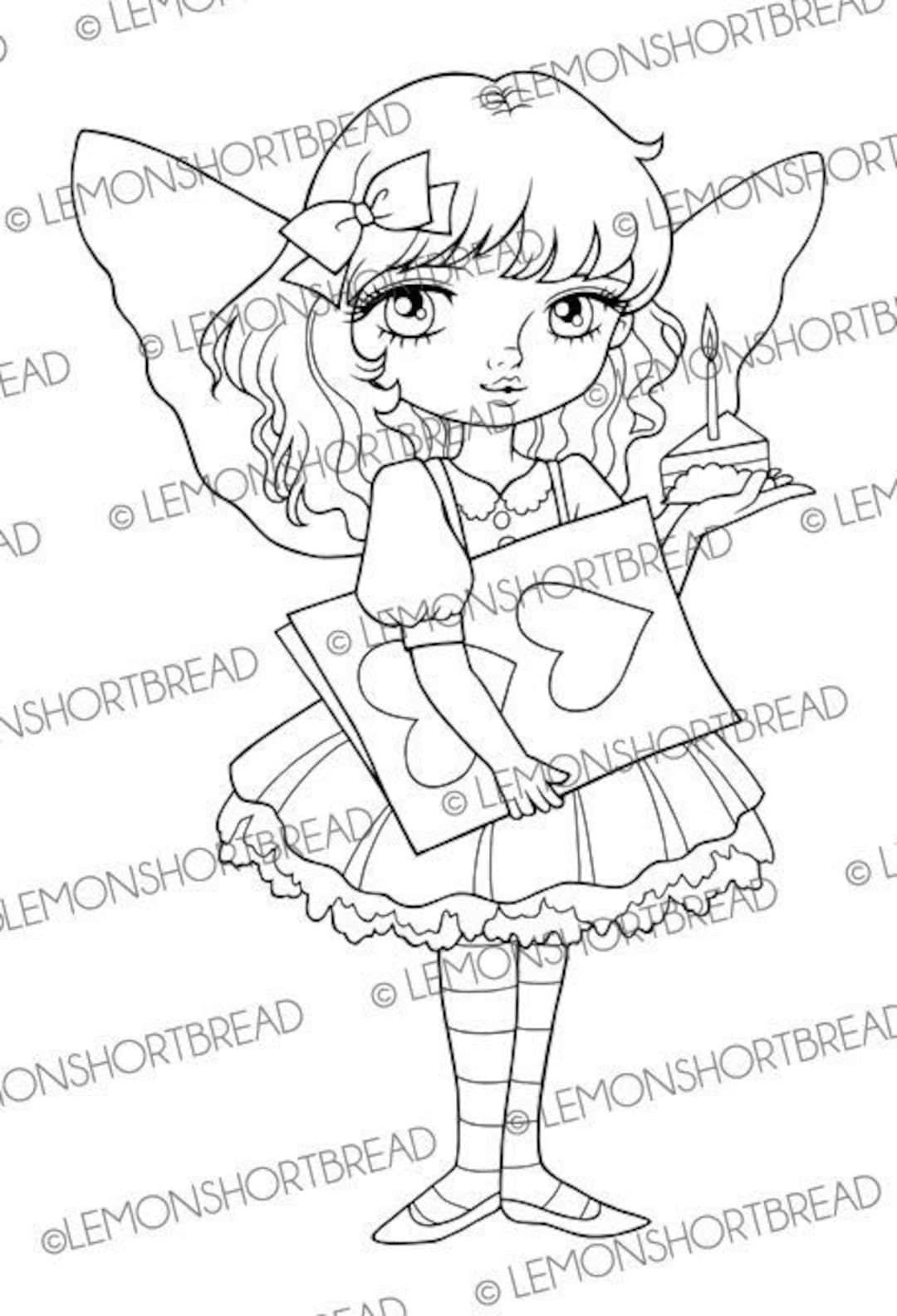 Digital Stamp Birthday Cake Card Fairy, Digi Coloring Page, Fantasy ...