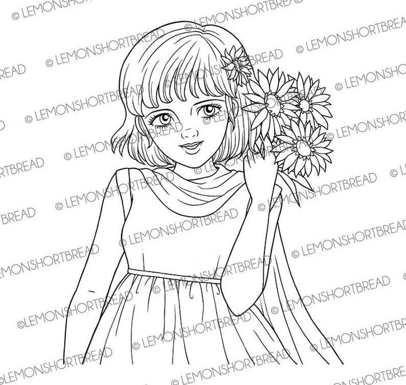 Digital Stamp Aster Flower Girl, Digi Coloring Page, Daisy Floral Summer Autumn, Scrapbooking Instant Download image 1