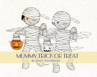 Digital Stamp Halloween Mummy Trick or Treat, Digi Download Coloring Page, Horror Classic Monsters, Crafting Art