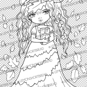 Digital Stamp Autumn Spice, Digi Fairy Girl, Pumpkin Fall Leaves, Printable Coloring Page, Fantasy Anime Art image 2