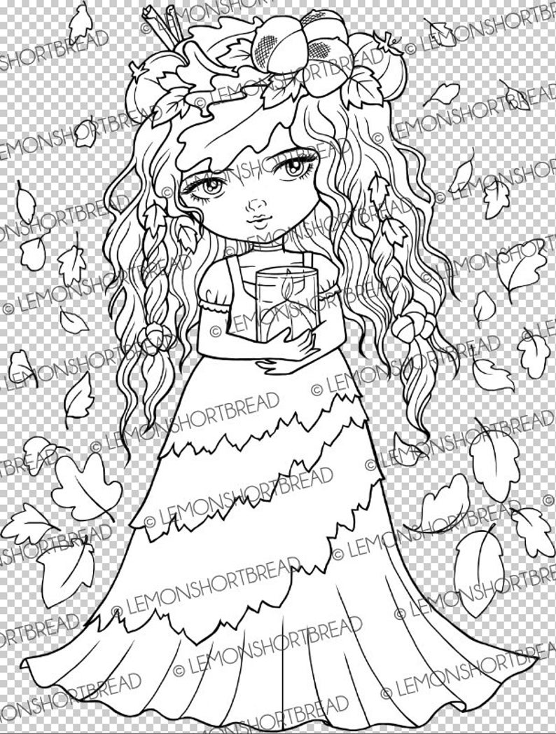 Digital Stamp Autumn Spice, Digi Fairy Girl, Pumpkin Fall Leaves, Printable Coloring Page, Fantasy Anime Art image 2