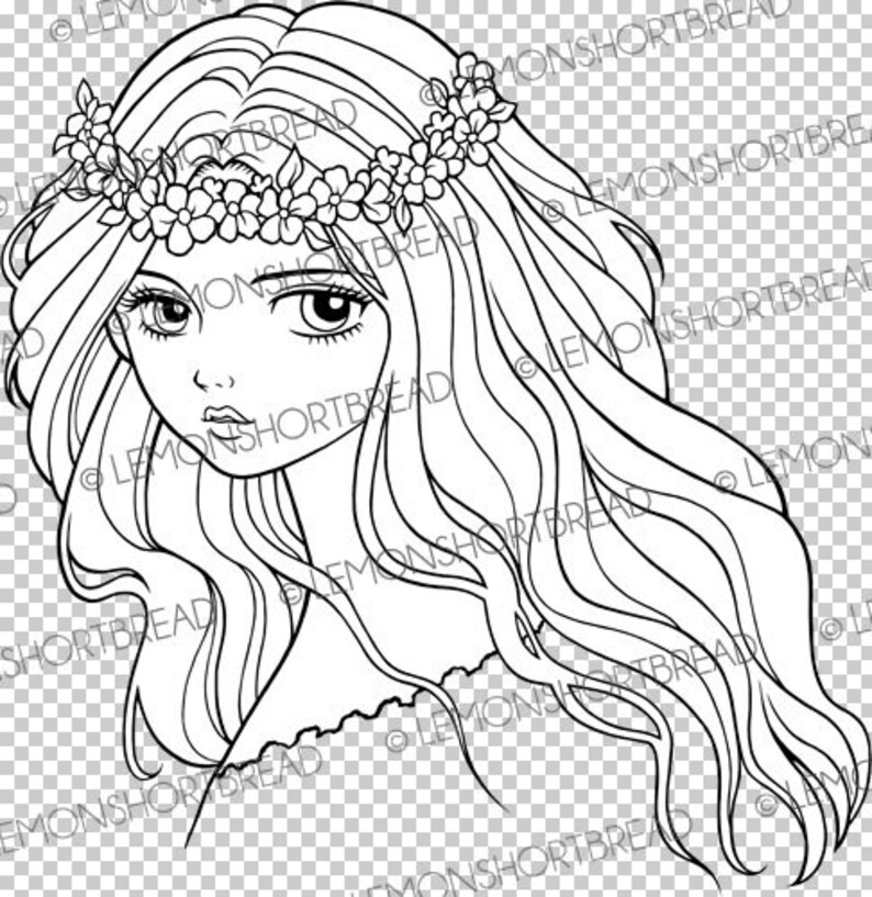 Digital Stamp Flower Headband Girl Digi Coloring Page Anime - Etsy