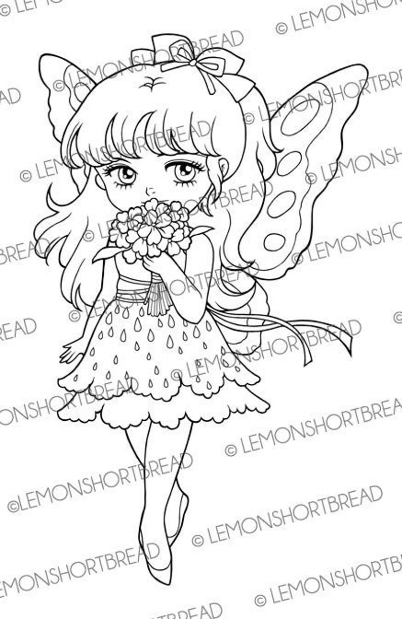 Digital Stamp Bouquet for You Fairy, Digi Coloring Page, Fantasy Anime Art, Flower Download image 1