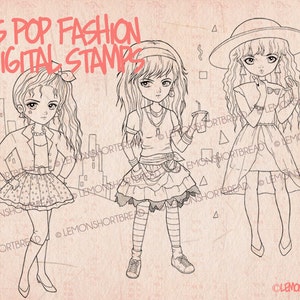 May include: Three black and white line drawings of girls in 1980s fashion. The girls are wearing different outfits, including a jacket, a skirt, and a dress. The drawings are set against a background of geometric shapes.