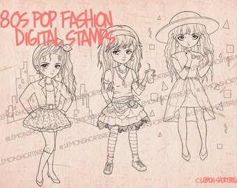 Digital Stamps 80s Pop Fashion Girls, Digi Adult Coloring Pages, Anime Art, Spring Summer, Printable Download