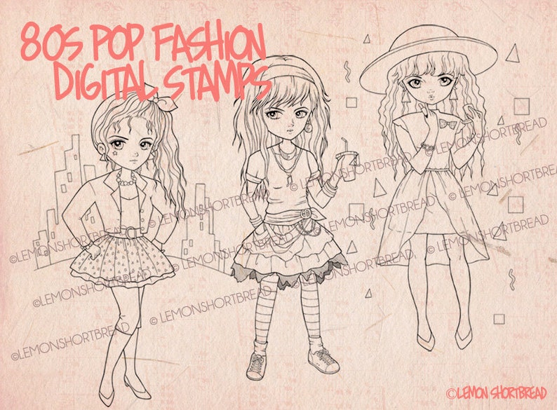 May include: Three black and white line drawings of girls in 1980s fashion. The girls are wearing different outfits, including a jacket, a skirt, and a dress. The drawings are set against a background of geometric shapes.
