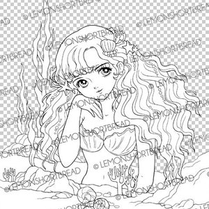 Digital Stamp Mermaid Shoujo, Digi Printable Coloring Page, Fantasy Anime, Line Art Illustration, Download image 2