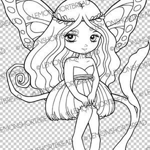 May include: A black and white line drawing of a fairy with butterfly wings. The fairy is wearing a flower crown and a dress. She is sitting on a leaf with her hands clasped in front of her.
