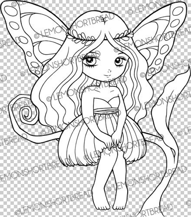 May include: A black and white line drawing of a fairy with butterfly wings. The fairy is wearing a flower crown and a dress. She is sitting on a leaf with her hands clasped in front of her.